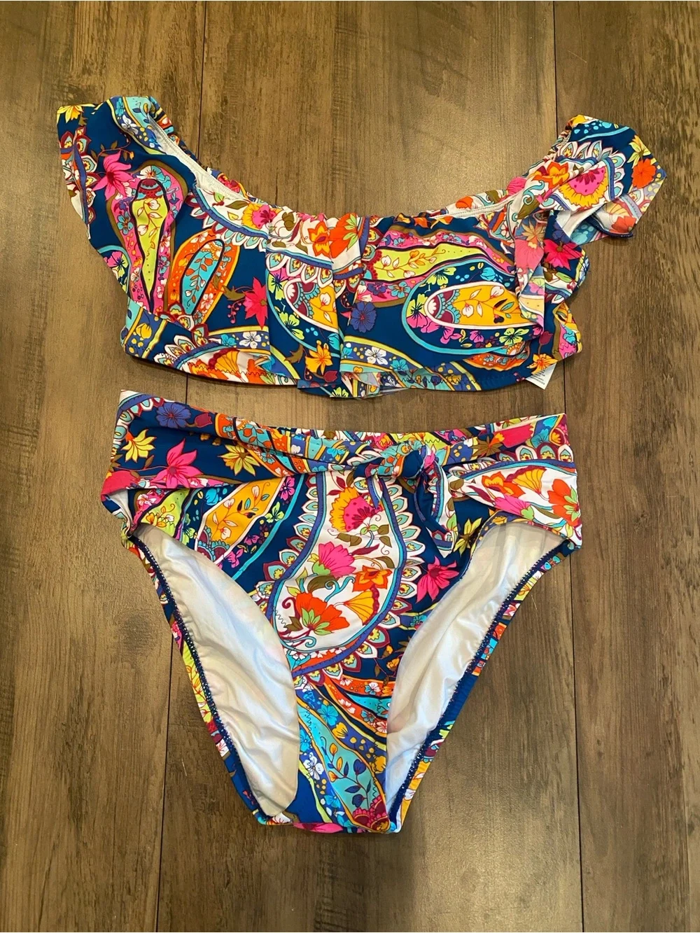 Trina Turk • Blue Paisley Off Shoulder Ruffle Top Bikini Set • Size 6/8